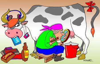 Cartoon: Cow udder (medium) by kranev tagged cow,eats,snickers,bounty,cocacola,rock,music,milkmaid,udder,magnifying,glass