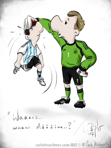 Cartoon: Finale Deutschland - Argentinine (medium) by Carlo Büchner tagged gerarg,brazil,südamerik,brasilien,parody,fun,spaß,humor,comic,zeichnung,cartoon,satire,prognose,mannschaft,sieg,loew,joachim,messi,lionel,neuer,manuel,deutschland,argentinien,arts,büchner,carlo,finale,wm2014