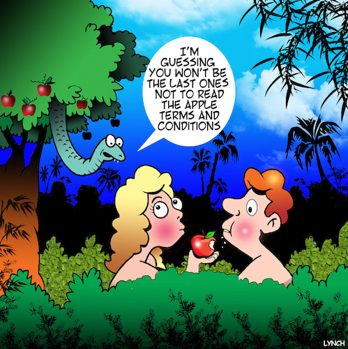 Cartoon: Adam and Eve (medium) by toons tagged apple,products,terms,and,conditions,adam,eve,iphone,serpent,snake,bible,stories,rules,sinners,apple,products,terms,and,conditions,adam,eve,iphone,serpent,snake,bible,stories,rules,sinners