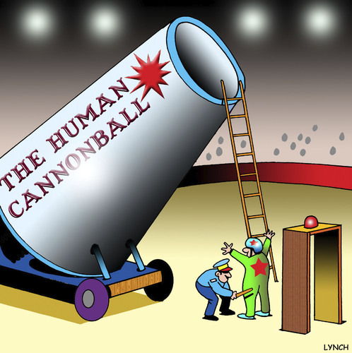 Cartoon: Airport security (medium) by toons tagged airport,security,circus,human,cannonball,acrobats,terrorism