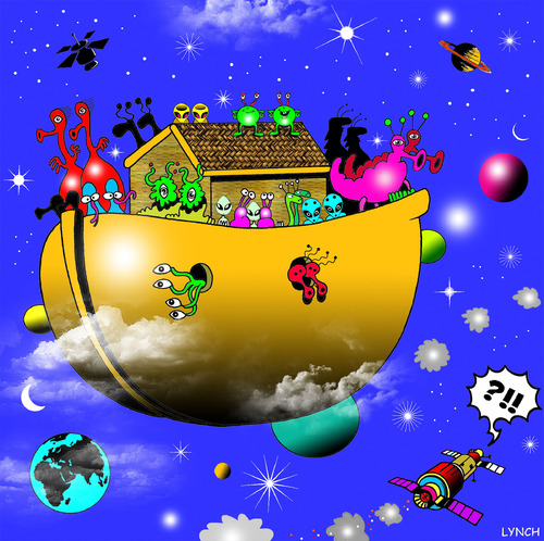 Cartoon: Alien ark (medium) by toons tagged aliens,ark,noahs,space,the,universe,population,explosion,escape,bible,floods,ships,god,religion