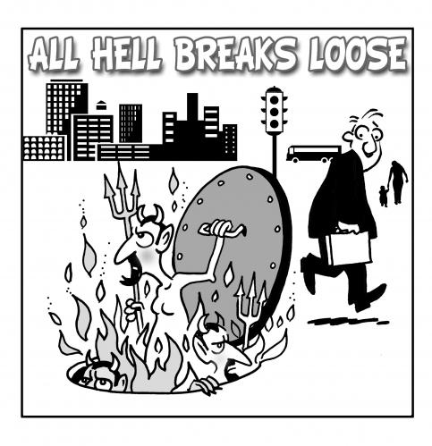 Cartoon: All Hellnone (medium) by toons tagged breakout,devil,god,sewer,hell,heaven