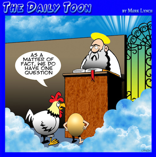 Cartoon: Chicken and egg cartoon (medium) by toons tagged chicken,and,egg,heaven,who,came,first,god,animals,afterlife,chicken,and,egg,heaven,who,came,first,god,animals,afterlife