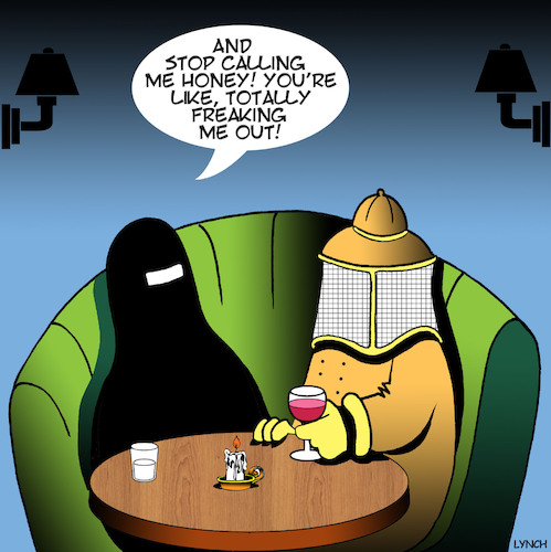 Cartoon: Dating Beekeeper (medium) by toons tagged beekeeper,burka,first,date,burqa,honey,beekeeper,burka,first,date,burqa,honey