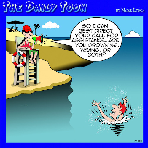 Cartoon: Drowning (medium) by toons tagged lifeguard,waving,swimmers,swimming,drowning,lifeguard,waving,swimmers,swimming,drowning