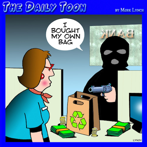 Cartoon: Environmentally friendly (medium) by toons tagged bank,robber,plastic,bags,recycle,bank,robber,plastic,bags,recycle