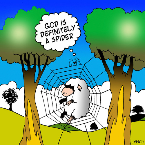 Cartoon: God is a spider (medium) by toons tagged spiders,god,sheep,trap,food,feast,insects
