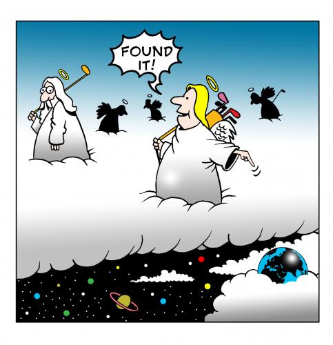 Cartoon: golfing gods (medium) by toons tagged golf,sport,heaven,god,angels,hole,in,one,universe,afterlife,caddy,courses