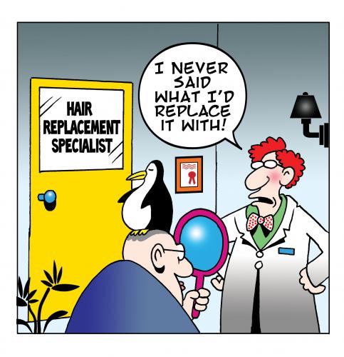 Cartoon: hair replacement (medium) by toons tagged hair,replacement,wigs,cosmetic,surgery,folicle,surgeon,vanity,penguins,doctors,balding