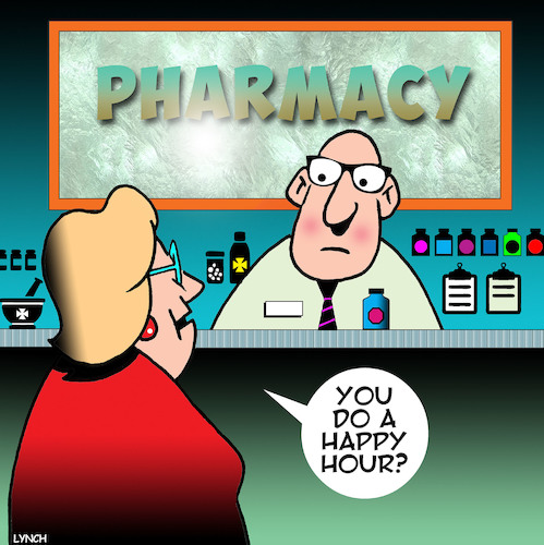 Cartoon: Happy hour (medium) by toons tagged pharmacy,chemist,happy,hour,prescriptions,drugs,prozac,valium,pharmacy,chemist,happy,hour,prescriptions,drugs,prozac,valium