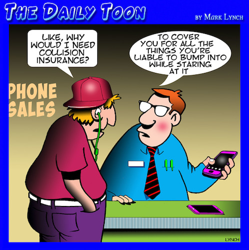 Cartoon: Insurance cartoon (medium) by toons tagged phone,sales,staring,at,your,iphones,collision,insurance,on,selling,industry,phone,sales,staring,at,your,iphones,collision,insurance,on,selling,industry