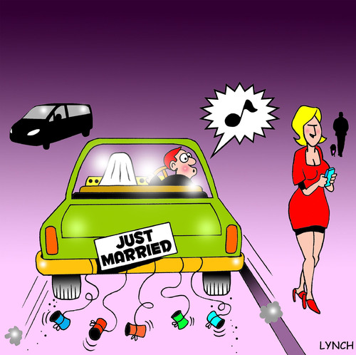 Cartoon: Just married (medium) by toons tagged marriage,wolf,whistle,divorce,whistling,just,married,relationships,love,unfaithful,wedding,car