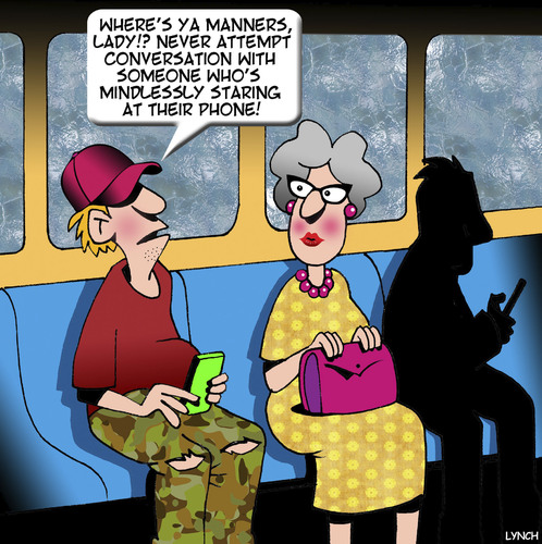 Cartoon: Manners (medium) by toons tagged etiquette,manners,smartphone,public,transport,old,vs,young,staring,at,phone,etiquette,manners,smartphone,public,transport,old,vs,young,staring,at,phone