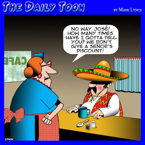 Cartoon: Mexican standoff (medium) by toons tagged seniors,senor,mexicans,pensioners,discounts,mexico,sombrero,seniors,senor,mexicans,pensioners,discounts,mexico,sombrero