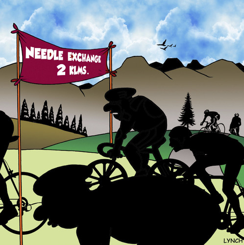 Cartoon: needle exchange (medium) by toons tagged cycling,tour,de,france,sport,drugs,in,steroids,performance,enhancing,bikes,cyclist