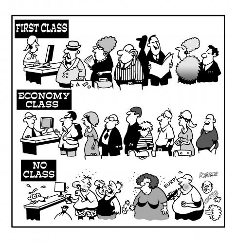Cartoon: no class (medium) by toons tagged first,class,business,economy,airline,travel,passengers,no,system