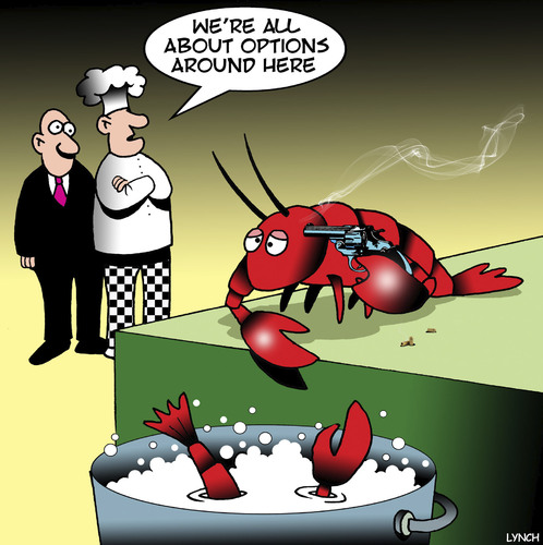 Cartoon: Options (medium) by toons tagged lobsters,suicide,chefs,cooking,lobster,pots,restaurants,lobsters,suicide,chefs,cooking,lobster,pots,restaurants