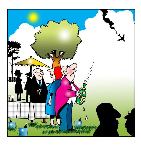 Cartoon: ouch (medium) by toons tagged champagne,aircraft,flying,air,crash,garden,party,cork,alcohol,wine