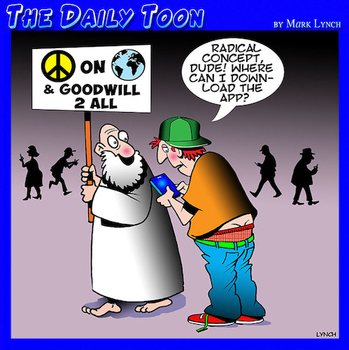 Cartoon: Peace on earth (medium) by toons tagged good,will,to,men,peace,on,earth,apps,bible,sayings,sign,placard,carrying,gen