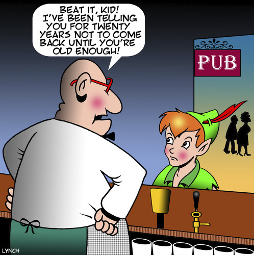 Cartoon: Peter Pan (medium) by toons tagged neverland,peter,pan,tinkerbell,underage,drinking,alcohol,fairy,tales,publican,refuded,entry,neverland,peter,pan,tinkerbell,underage,drinking,alcohol,fairy,tales,publican,refuded,entry