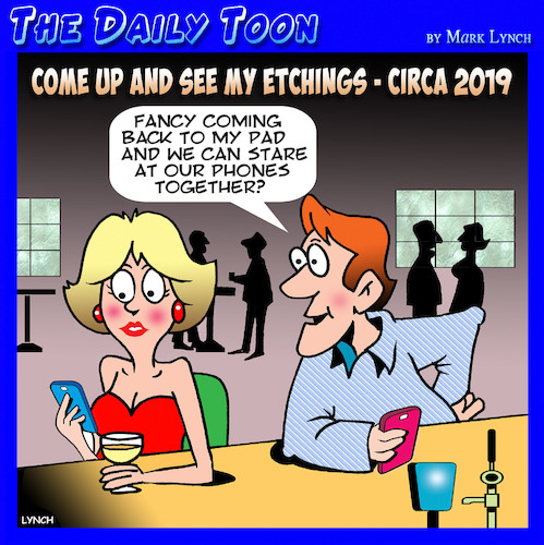 Cartoon: Pick up lines (medium) by toons tagged staring,at,phone,etchings,smartphones,iphones,singles,bar,staring,at,phone,etchings,smartphones,iphones,singles,bar