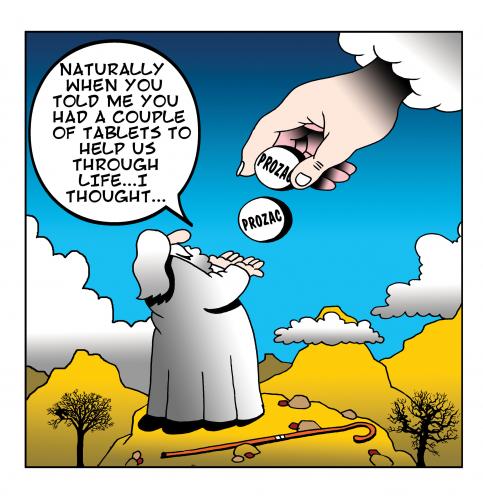 Cartoon: prozac (medium) by toons tagged valium,prozac,drugs,moses,ten,commandments,bible,god