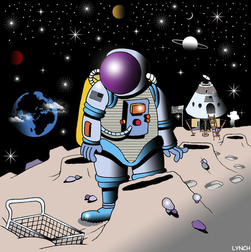Cartoon: shopping trolley (medium) by toons tagged shopping,trolley,tesco,supermarket,malls,space,astronaut,spacecraft,rockets,nasa,the,universe,galaxy,planets