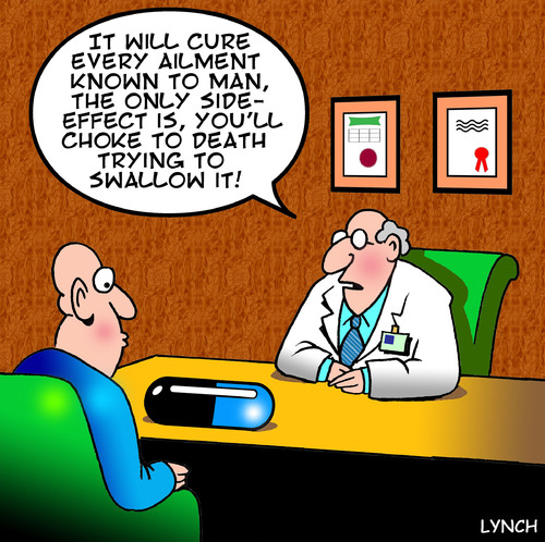 Cartoon: side effects (medium) by toons tagged medication,doctors,pills,valium,surgery,chemist,cure,side,effects,cancer,patient,prescription