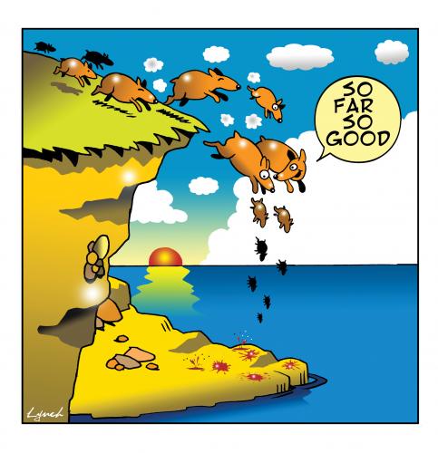 Cartoon: so far so good (medium) by toons tagged lemmings,optimism,cliffs,suicide,animals,so,far,good
