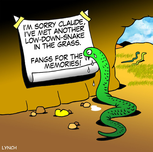 Cartoon: Sorry Claude (medium) by toons tagged up,breaking,divorce,love,infidelity,dating,relationships,romance,snakes,marriage,separation,reptiles