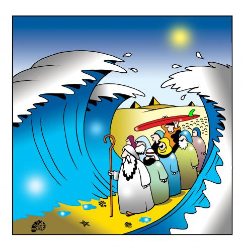 Cartoon: surfs up (medium) by toons tagged moses,pyramids,jews,bible,old,testament,surfing,surfboards,pharohs,red,sea,middle,east,egypt