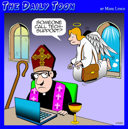 Cartoon: Tech support (medium) by toons tagged angels,priests,tech,support,heaven,computers,angels,priests,tech,support,heaven,computers