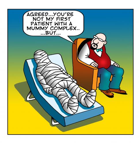 Cartoon: the mummy complex (medium) by toons tagged psychiatrist,doctor,angst,under,pressure,psychiatry,brain,sigmund,freud,mother,complex,egyptology
