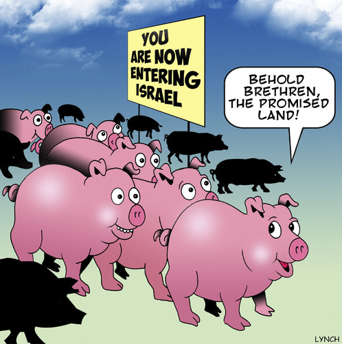 Cartoon: The Promised Land (medium) by toons tagged animals,pigs,israel,pork,forbidden,food,jewish,passover,animals,pigs,israel,pork,forbidden,food,jewish,passover