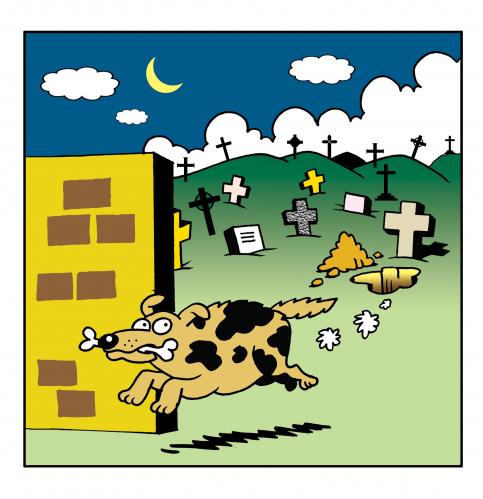 Cartoon: The tomb raider (medium) by toons tagged animals,dogs,cemetary,death,bones,tomb,raider,food