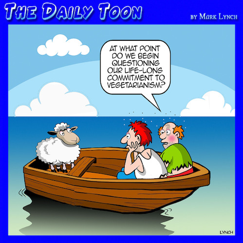 Cartoon: Vegetarians (medium) by toons tagged vegans,lamb,dinner,vegetarian,shipwrecked,vegans,lamb,dinner,vegetarian,shipwrecked