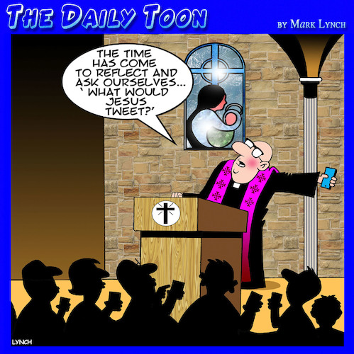 Cartoon: What would Jesus do (medium) by toons tagged tweeting,christ,preacher,tweets,tweeting,christ,preacher,tweets