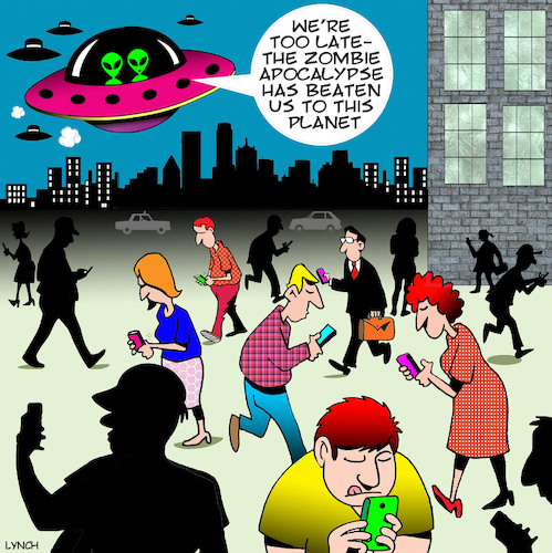 Cartoon: Zombie Apocalypse (medium) by toons tagged smart,phones,phone,addiction,zombies,apocalypse,aliens,flying,saucers,staring,at,smart,phones,phone,addiction,zombies,apocalypse,aliens,flying,saucers,staring,at
