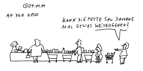 Cartoon: An der Kasse (medium) by Müller tagged kasse,discount,schlangestehen,anstehen,warten