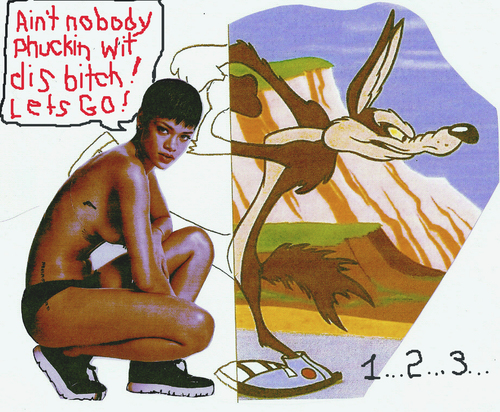 Cartoon: Rihanna vs Wile E Coyote (medium) by Toonstalk tagged rihanna,singer,sexy,reign,riri,fenty,running,race,wile,coyote,icons,fastest,winning,gear,music,cartoons,bitch,topless,funny