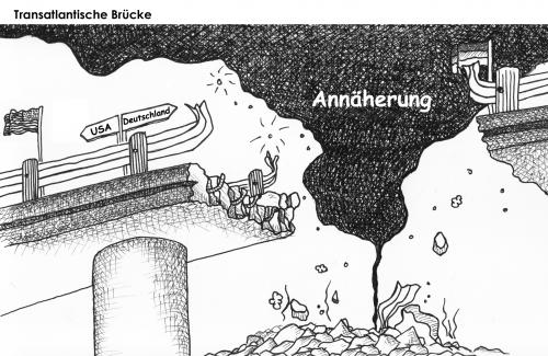 Cartoon: Deutsch Amerikanische Annäherun (medium) by claudiator tagged brücke,annäherung,amerika,deutschland,politik