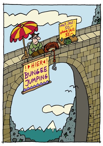 Cartoon: Bungee Jump (medium) by schwoe tagged bungee,jumping,gefahr,kitzel,spannung,extremsport