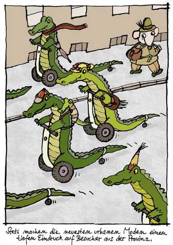 Cartoon: KrokoRoller (medium) by schwoe tagged krokodil,roller,segway,cityroller,modern,stadt,land,provinz,staunen
