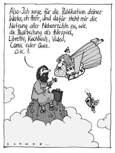 Cartoon: Vermarktung (medium) by schwoe tagged zehn,gebote,bibel,gott,moses,vermarktung,nebenrechte,publikation,copyright