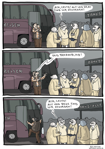 Cartoon: Alt und grau (medium) by H Mercker tagged alter,altern,autobahn,beige,bus,busreisen,farbe,geschmack,grau,menschen,mode,rastplatz,raststätte
