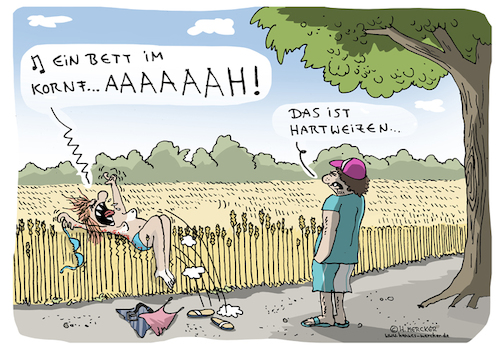 Cartoon: Am Feldrand (medium) by H Mercker tagged feld,feldrand,weizen,hartweizen,cartoon,ährenfeld,ähren,getreide,paar,pärchen,aua,wehweh,schmerzen,sommer