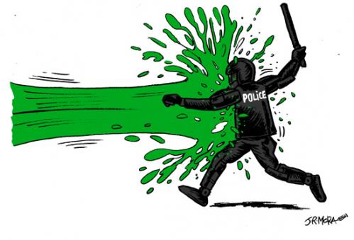 Cartoon: Iran verde contra negro (medium) by jrmora tagged teheran,tehran,iran,elecciones,ahmadineyad,mousavi