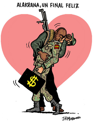 Cartoon: Liberados marines Alakrana (medium) by jrmora tagged alakrana,somalia,piratas,secuestro,barco,pescadores,rescate,liberacion
