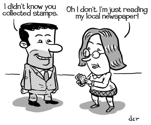 Cartoon: Whats a newspaper? (medium) by monsterzero tagged humor,newspaper,stamps