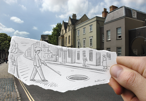 Cartoon: Pencil Vs Camera - 18 (medium) by BenHeine tagged pencil,vs,camera,imagination,reality,traditional,digital,drawing,photography,ben,heine,oxford,england,street,rue,road,route,grain,walking,stick,canne,daveugle,blind,man,hole,egout,city,urban,landscape,trou,danger,ris